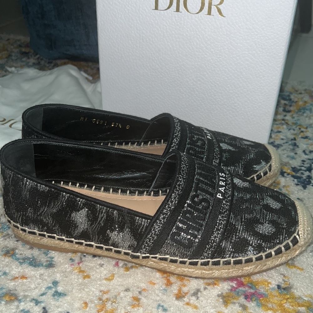 Dior Black Granville Mizza Lurex Embroidered Metal Grey Espadrille 37.5 Flats - Picture 5 of 9